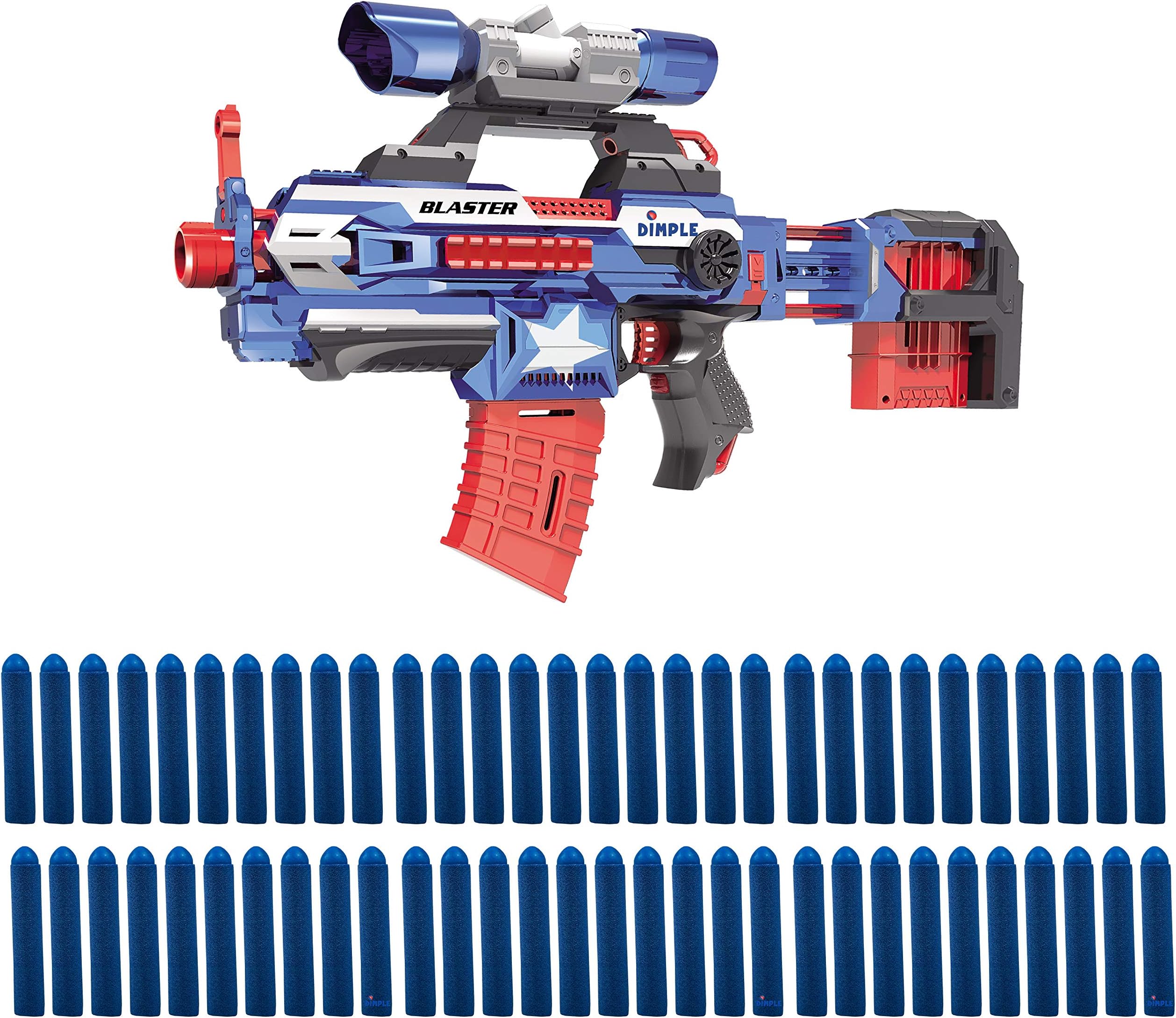Dimple KTDC85883 Foam Dart Attack Blaster with Rapid Refill Cartridges, Includes 60 Aerodynamic Soft Foam Darts, 2 Magazine Clips, Clip-OnX 40Mm & Extendable Body (Blue), Blue Blaster