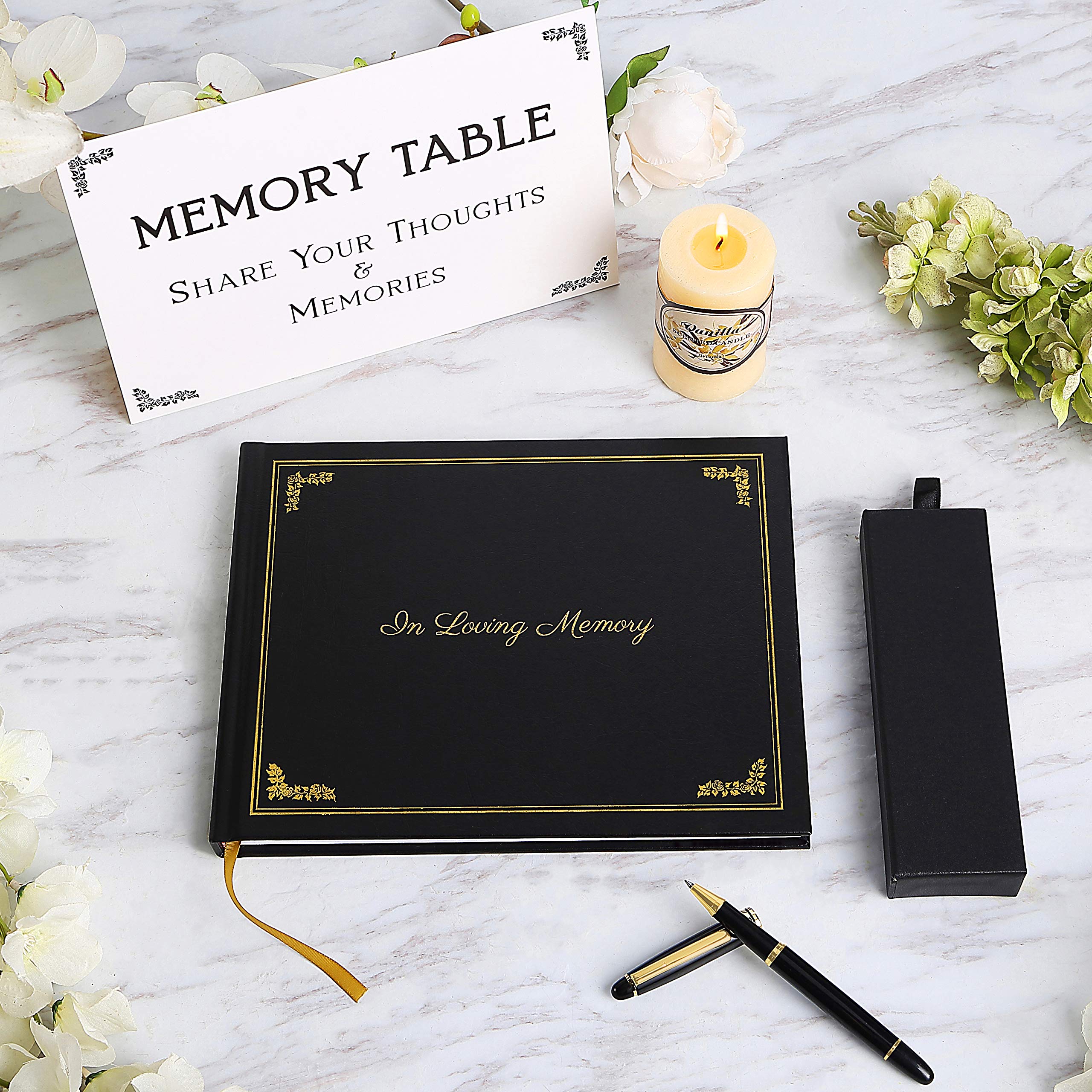 Funeral Guest Book, with Premium Pen Set, and Memory Table Sign. Celebration of Life Sign in Book with Gold Embossed Hardcover. Signature and Memory Book with Plenty of Space for Guests.