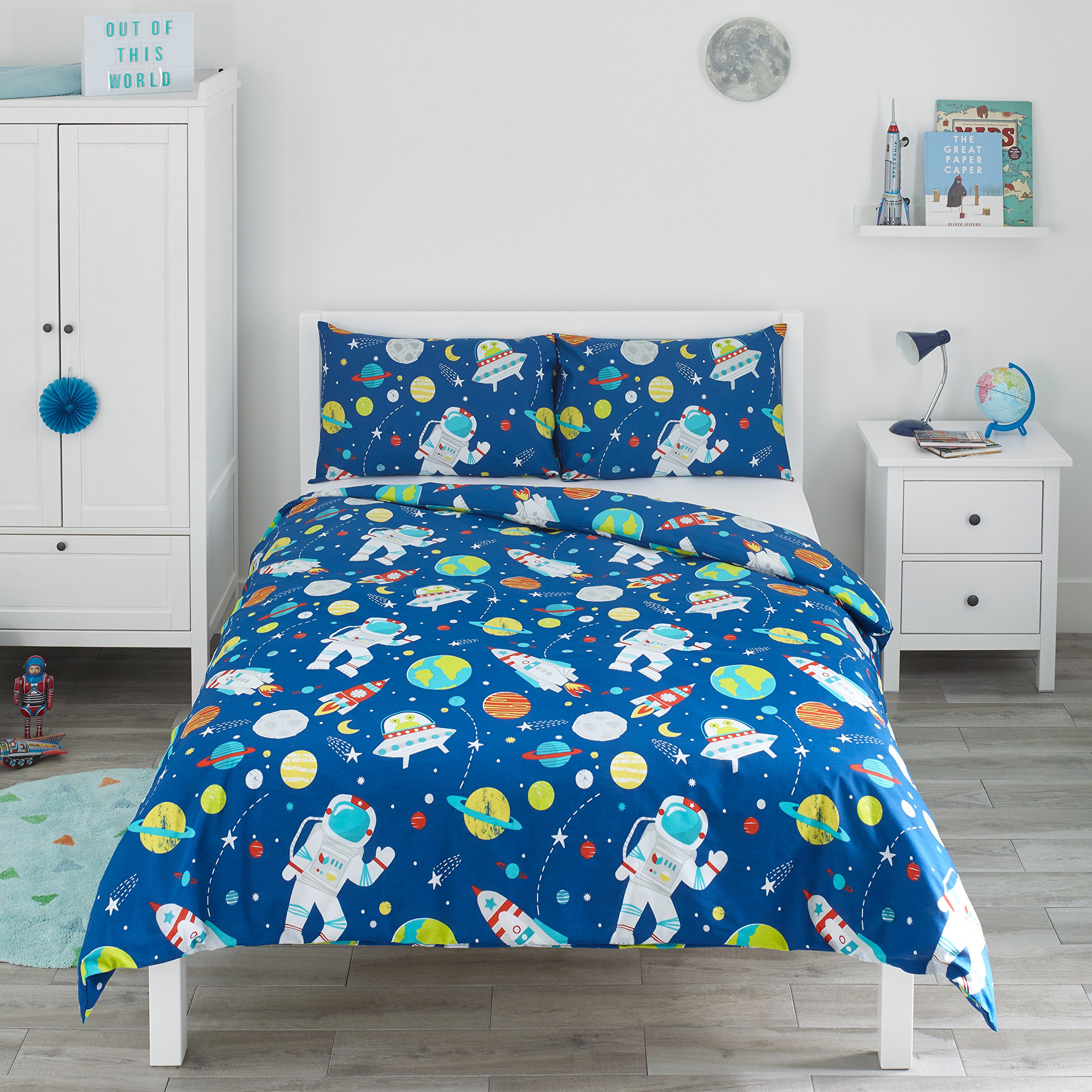 Bloomsbury Mill - Kids Double Duvet Set - Kids Double Bedding for Boys and Girls - Outer Space, Rockets and Planets - Blue Childrens Double Bed Duvet Cover Set with 2 x Pillow Cases - 200x200cm