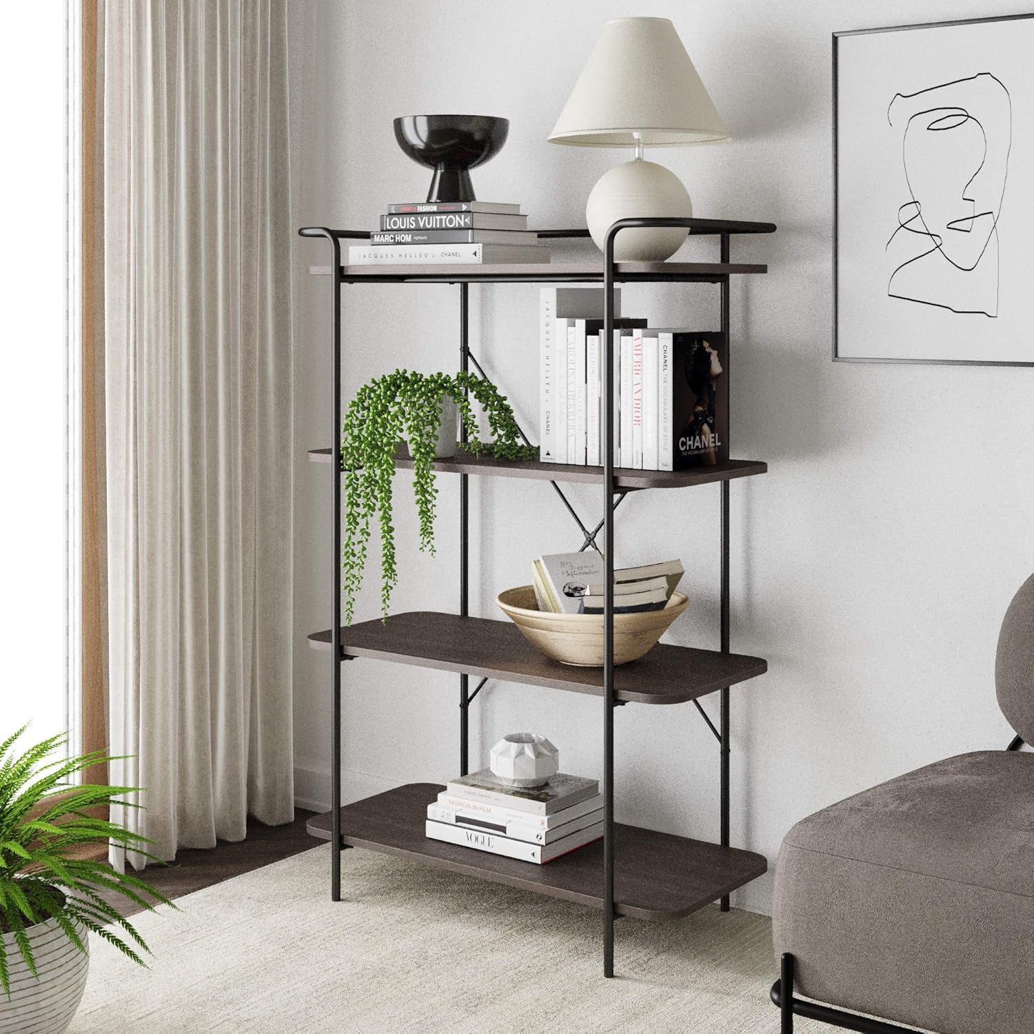 Nathan James Sawyer 4 Tier Shelf Etagere Bookcase, Small Entryway Console Table Modern Industrial Metal Bookshelf, Dark Oak/Matte Black
