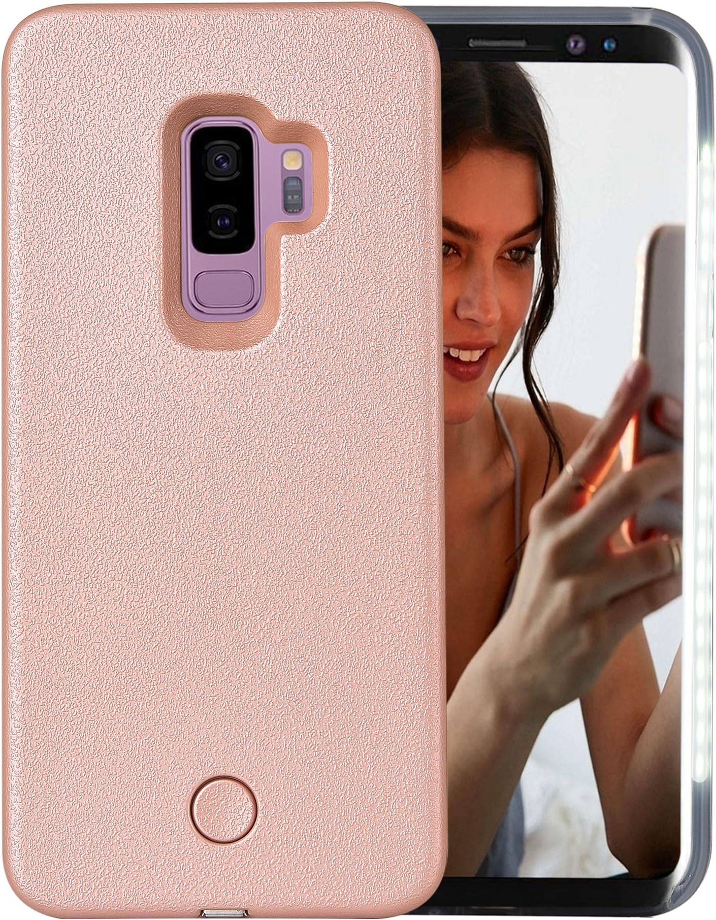 Galaxy S9 Plus Case, AUYOUWEI LED Illuminated Selfie Light Case Cover [Rechargeable] Light Up Luminous Selfie Flashlight Cell Phone Case for Samsung S9+/Plus (Rose Gold)