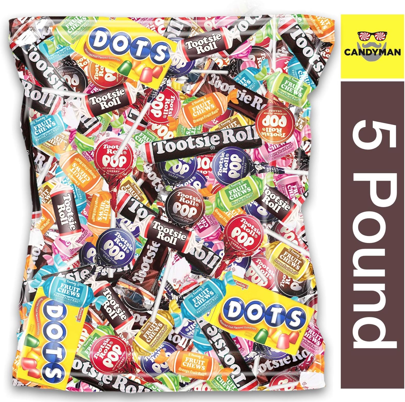 CANDYMAN Tootsie Roll (5 LB) Bulk Candy Assortment with DOTS and Fruit Chews