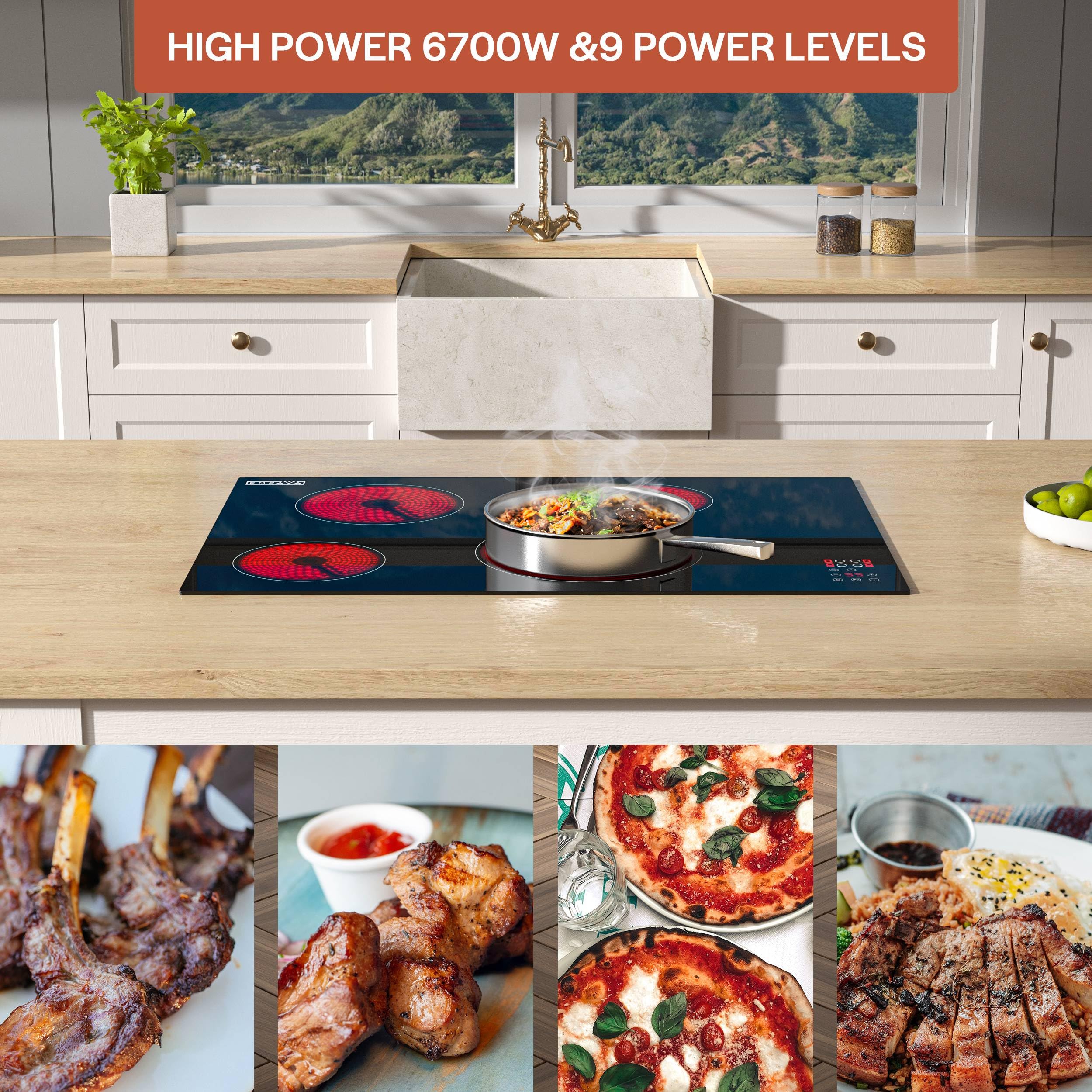 Empava Electric Cooktop, 30 inch 4 Burners, Built in Radiant Stove, Including Dual Zone Element, Ceramic Glass Smooth Surface in Black, ETL Certified, All Kinds of Cookware, 220-240V, No Plug