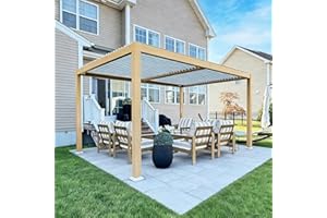 PURPLE LEAF 10' x 14' Louvered Pergola Outdoor Wood Grain Aluminum Pergola with Adjustable Roof Retractable Patio Rainproof Hardtop Gazebo for Deck Backyard Garden