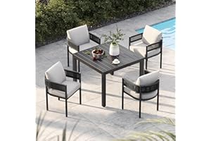 Grand patio 5-Piece Outdoor Dining Set for 4 with 1 Rectangle Expandable Table for 4-6 Person, Metal Woven Wicker Fixed Patio Chairs with Thickened Cushions for Yard, Poolside (Black)