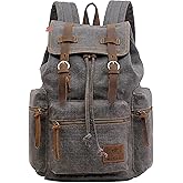 HuaChen Vintage Canvas Travel Backpack with Leather Trim, Laptop Padded Sleeve, Hidden Back Security Pocket, Fits 15-Inch, M32 Gray Large