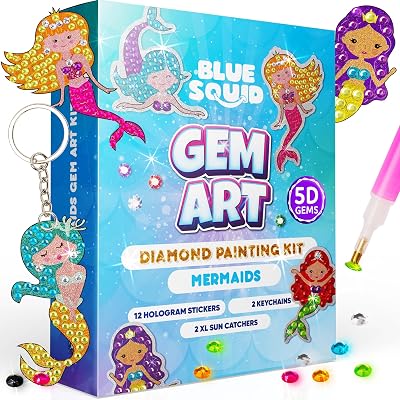 Blue Squid Mermaid Diamond Art Kit for Kids - 12 Stickers 2 Keychains 2 Sun