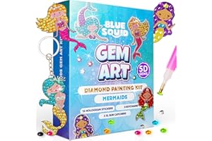 Blue Squid Diamond Art Kits for Kids – Mermaid - Fun & Easy DIY 5D Gem Art Gift Set for Keychains, Stickers, Sun Catchers - Diamond Painting Kit Arts & Crafts Kit for Kids, Girls, Boys Ages 6-12