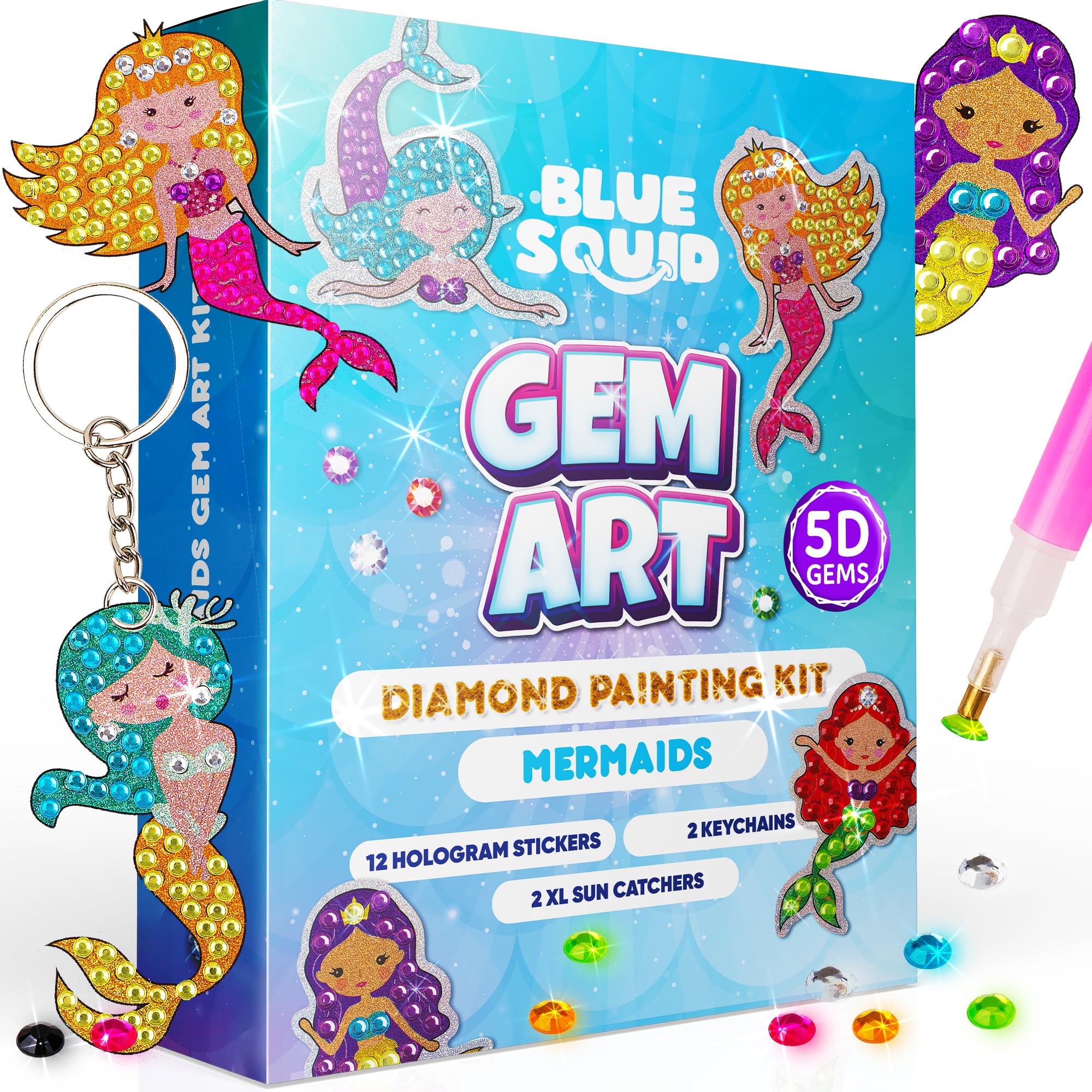 Blue Squid Diamond Art for Kids – Mermaid - Fun & Easy DIY 5D Gem Art Kits Kids Gift Set for Gem Keychains, Stickers, Sun Catchers - Diamond Painting for Kid Girls, Boys Ages 6-12