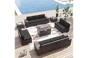 ALAULM 13 Pieces Outdoor Patio Furniture Set with Propane Fire Pit Table Outdoor Sectional Sofa Sets Patio Furniture 43" Gas Fire Pit Brown PE Rattan Patio Conversation Set w/10 Cushions (New Black)