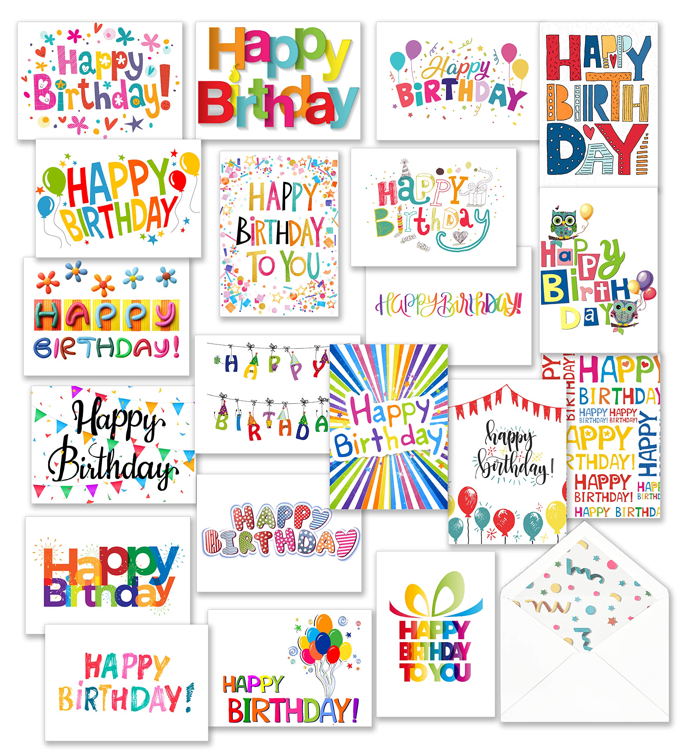 100 Happy Birthday Cards with Envelopes and Stickers 20 Unique Bright Colorful Designs with Short Greeting Inside, Large 5x7 Inches Notes, Thick Cardstock, Matte Finished in a Sturdy Packaging