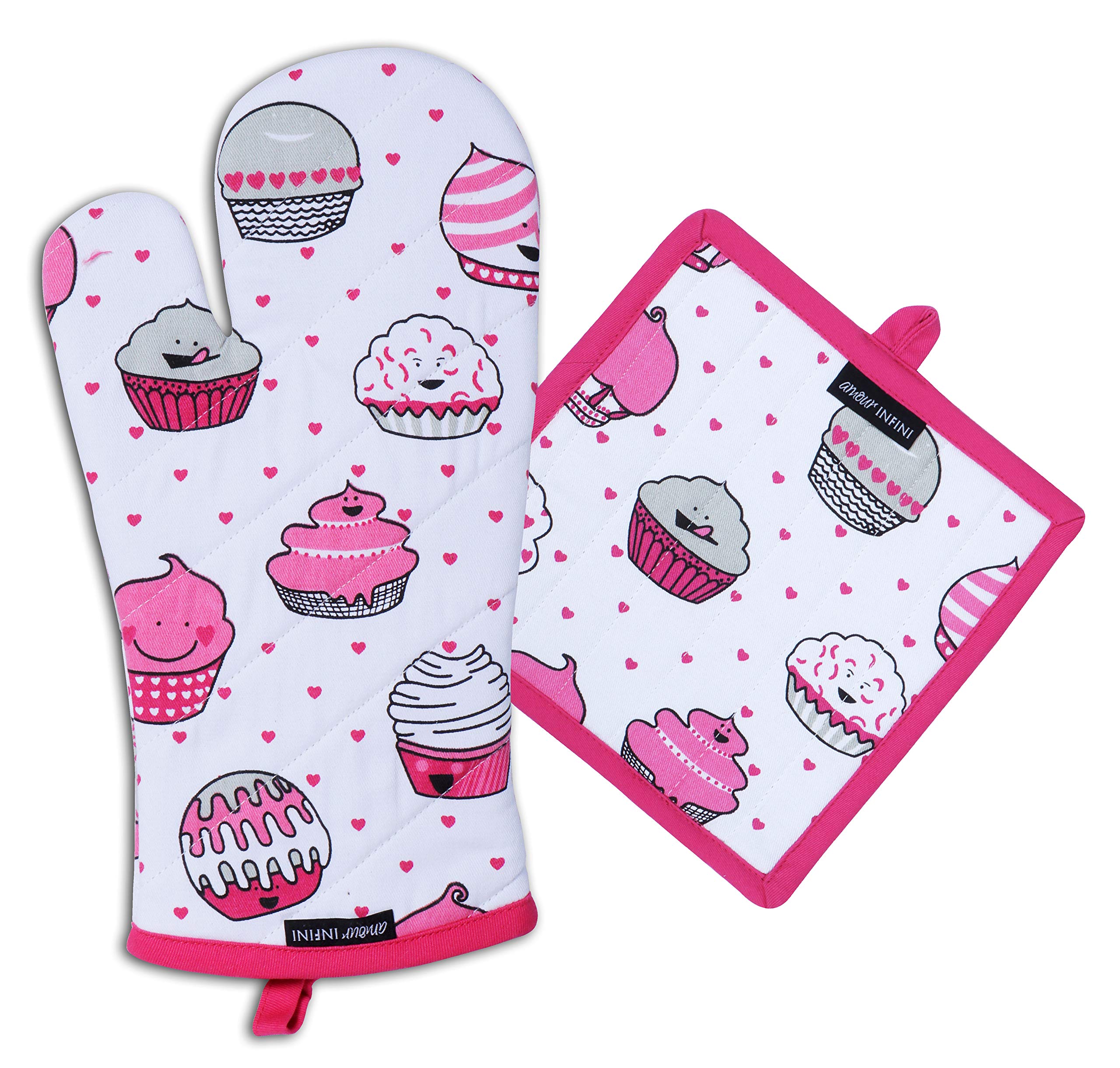 AMOUR INFINI Oven Mitt and Pot Holder Set Cup Cake | 100% Cotton Machine Washable | Oven Glove and Hot Pad with Hanging Loop | Quilted Liner for Heat Resistance
