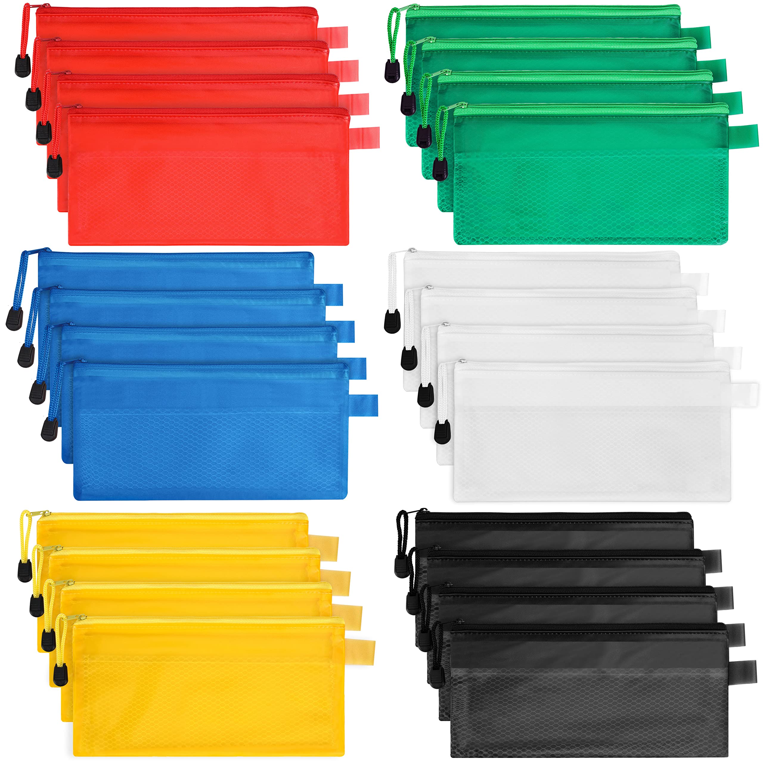 Belle Vous 24 Pack Plastic Zip Wallets - Assorted Plastic Mesh Zipper Pouches - Document Zip File Bags/Folders - 6 Colours - Waterproof Wallets for Travel Accessories, School/Office, Pens/Pencils