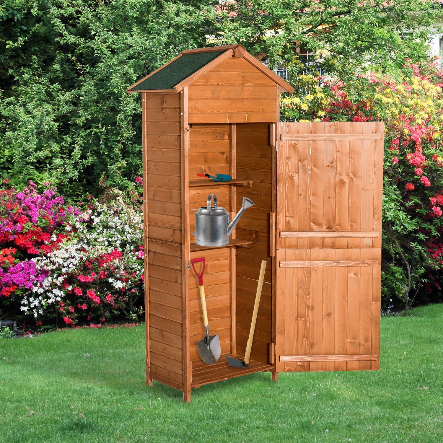 Outsunny Wooden Garden Apex Shed w/ Shelves