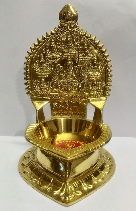 NAYAGI - Traditional Pure Brass Divine ASHTALAKSHMI VILAKKU - [ Diya/Oil LAMP ] - Large Size - 16 cm / 6.5 INCH HIGH
