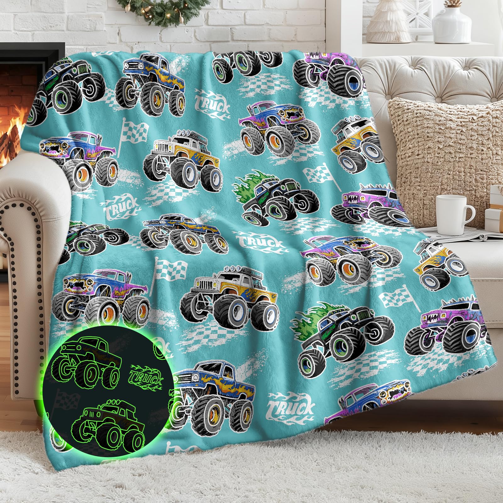 Truck Car Blanket Gifts for Boys - Glow in The Dark Trucks Blankets for Birthday Christmas Valentines Easter Presents for Kids Toddler Age 1-16 Years Old Child Soft Throw Room Bed Sofa Decor 50"x60"