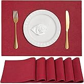 Linen Cloth Double Layers Placemats, Cotton Woven Placemats Set of 6, Kitchen Table Farmhouse Decor Heat Resistant Table Mats, Outdoor Indoor Square Fabric Place Mats Can be Washable (Burgundy)