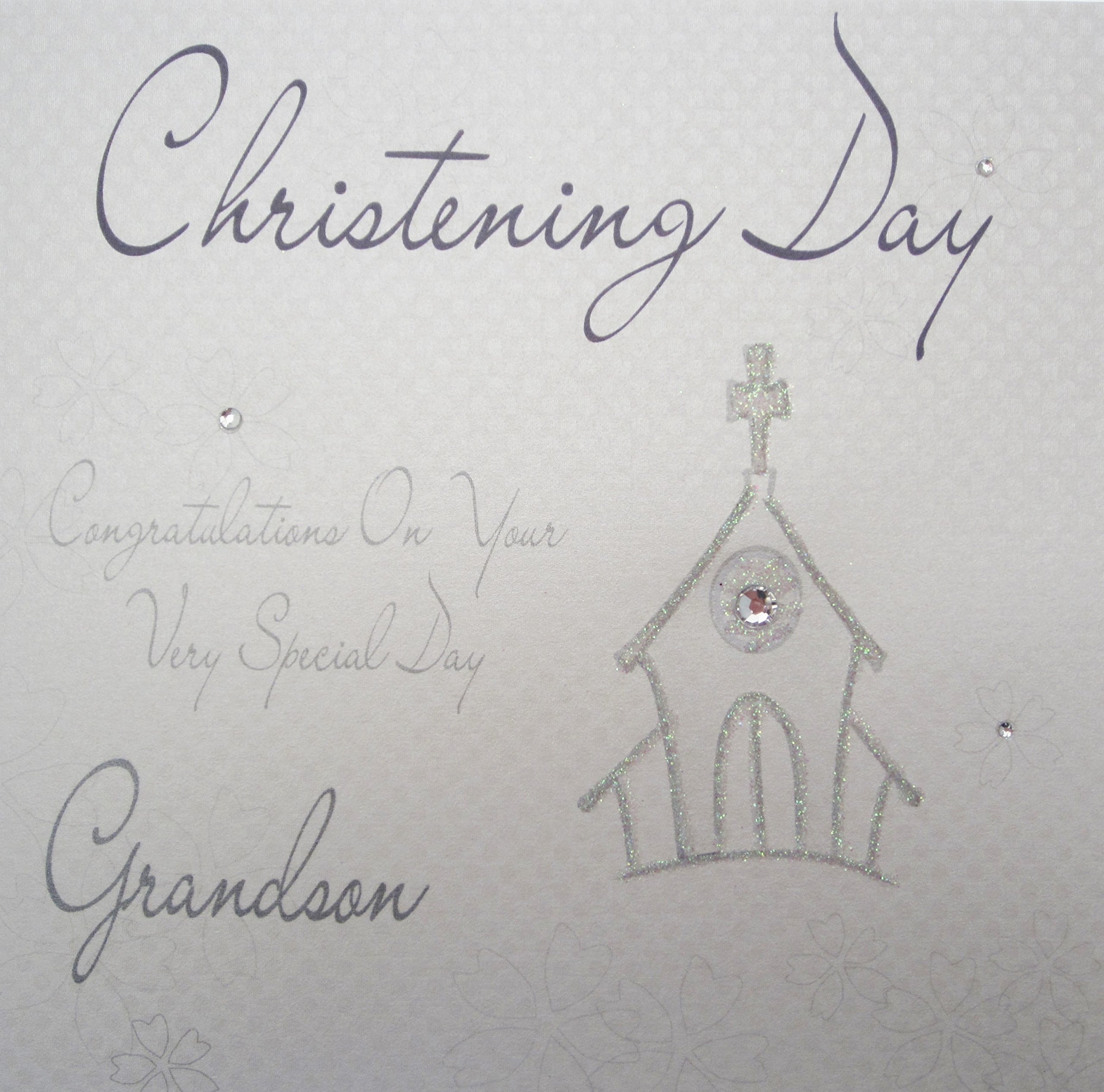 white cotton cards Day Grandson Congratulations, Handmade Christening Card (Silver Church)