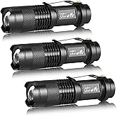 ULTRAFIRE 3 Pack Mini Flashlights Focus Adjustable SK68 Single Mode Tactical LED Flashlight, Ultra Bright 300 Lumens Torch