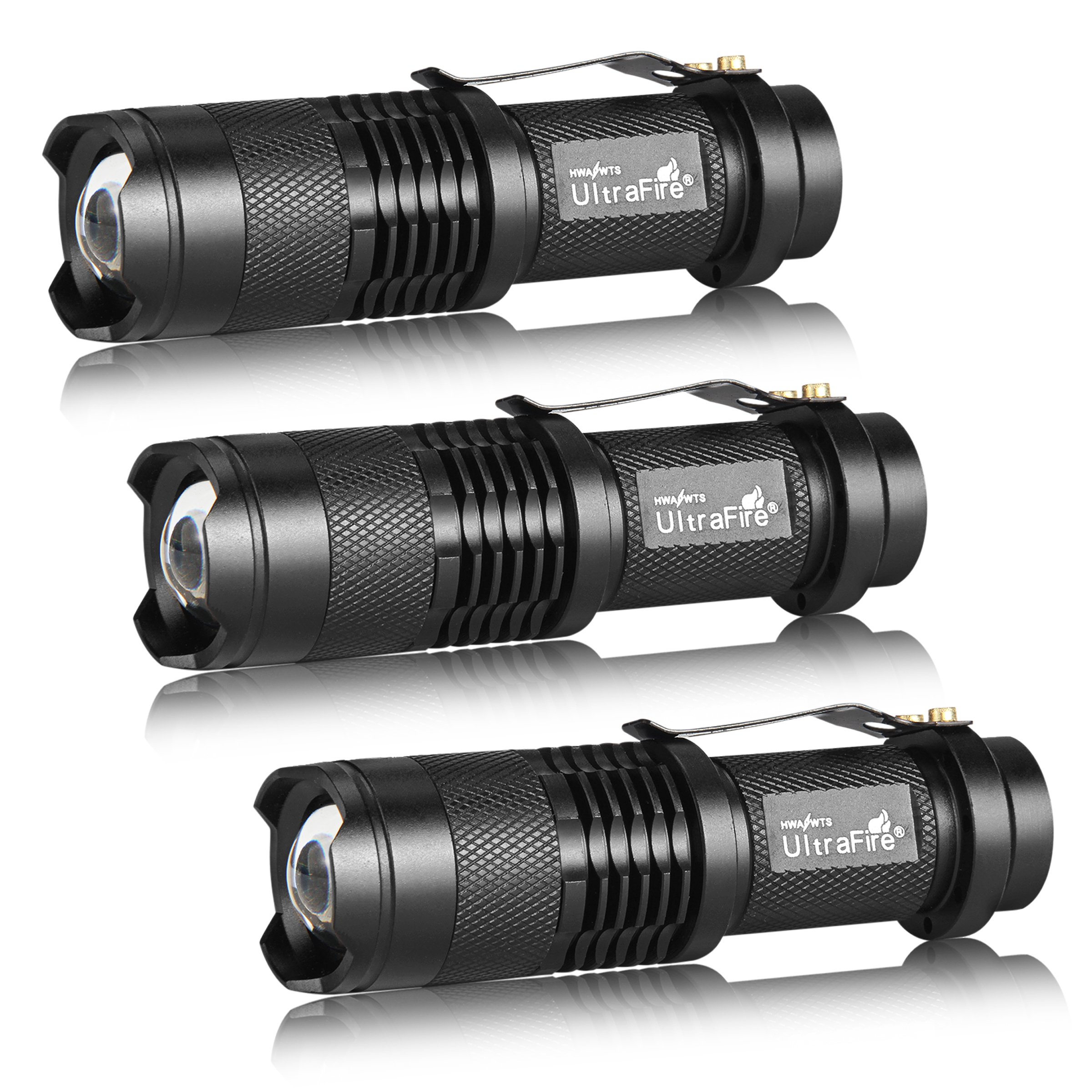 Photo 1 of ULTRAFIRE 3 Pack Mini Flashlights Focus Adjustable SK68 Single Mode Tactical LED Flashlight, Ultra Bright 300 Lumens Torch