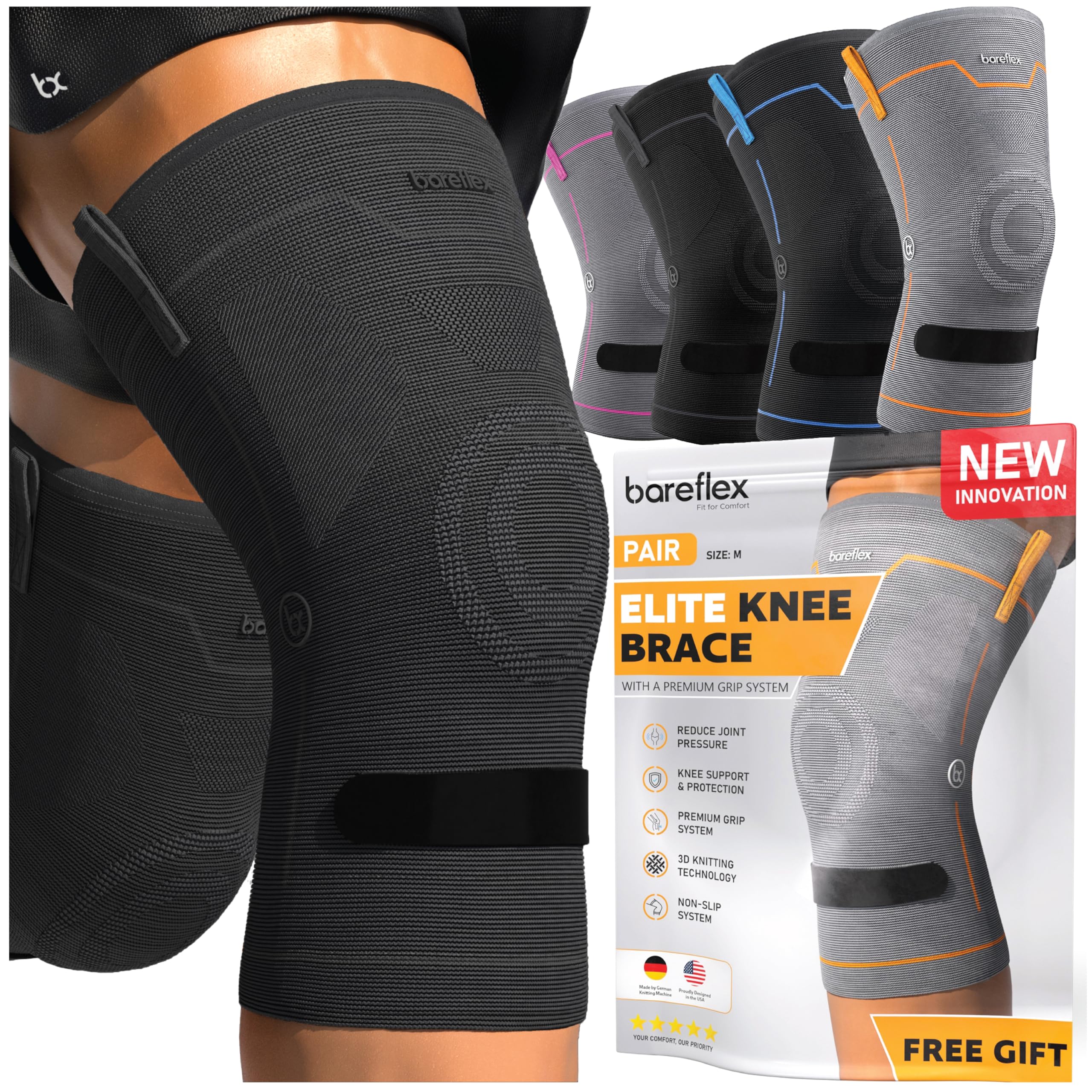 Photo 1 of 2-Pack Elite Compression Knee Brace for Women & Men, Knee Sleeves for Men Running, Knee Brace for Men,Support Knee Compression Sleeve for Knees Pain Relief, Design for Workout, Sports - Black, Large