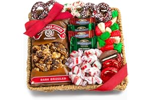 A Gift Inside Holiday Classic Chocolate, Candy & Crunch Gift Basket With Handmade Chocolates, Ghirardelli, Caramel Corn for Gourmet Christmas Food Gift
