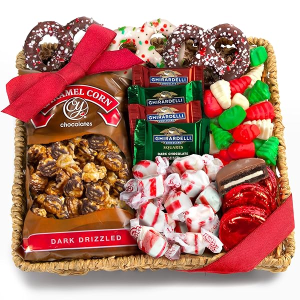 A GIFT INSIDE HOLIDAY CLASSIC CHOCOLATE, CANDY & CRUNCH GIFT BASKET WITH HANDMADE CHOCOLATES, GHIRARDELLI, CARAMEL CORN FOR GOURMET CHRISTMAS FOOD GIFT