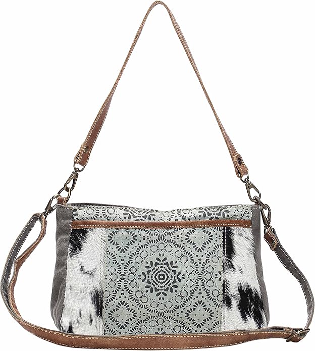 Myra Bag Dual Strap Cowhide & Upcycled Canvas Bag S1149, Brown, One