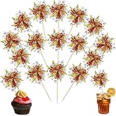 Ephlyn 30Pcs Foil Firework Cupcake Toppers Sparkle Tinsel Cupcake Picks Happy Birthday Cake Decorations Drink Stirrers Cocktail Food Fruit Toothpicks for Baby Shower Graduation Party Supplies Gold Red