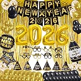 2026 Happy New Year Party Supplies - Hats, Banner, Glasses, Foil Balloon and Fringe Curtains, Swirls, Confetti, New Years Eve Black and Black Party Decoration Decor Kit