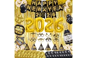 New Year Party Decoration Supplies - 2026 Hat, Banner Fringe Curtains and Foil Balloon, Photo Booth Props, Swirls, Confetti, 