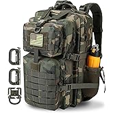 Hannibal Tactical 45L MOLLE Assault Backpack, Tactical Backpack Military Army Camping Rucksack with Bottle Holder, 3-Day Pack Trip w/USA Flag Patch, D-Rings, US Woodland
