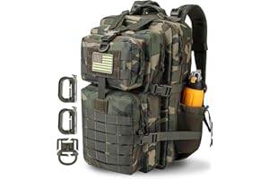 Hannibal Tactical 45L MOLLE Assault Backpack, Tactical Backpack Military Army Camping Rucksack with Bottle Holder, 3-Day Pack Trip w/USA Flag Patch, D-Rings, US Woodland