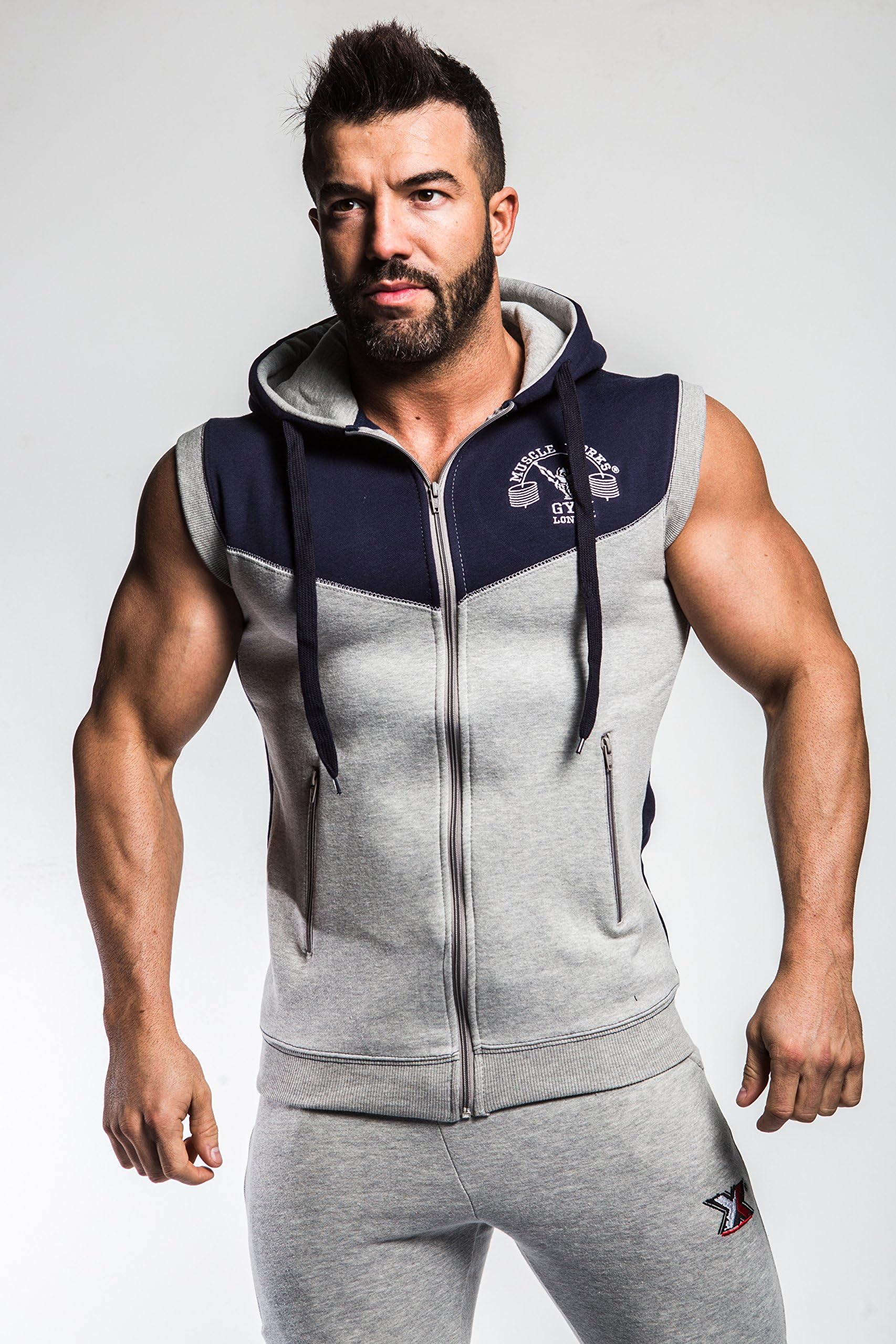 Gym Contrast Sleeveless Hoodie MMA Boxing Gym Tank Top Hoody Bodybuilding Navy/Gray