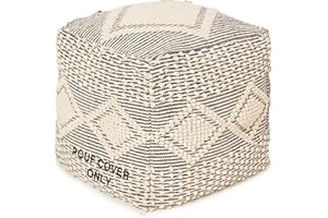 REDEARTH · UNSTUFFED Square Pouf Ottoman Cover Textured Storage Boho Cube Poof, Farmhouse Pouffe Footrest for Living Room, Be