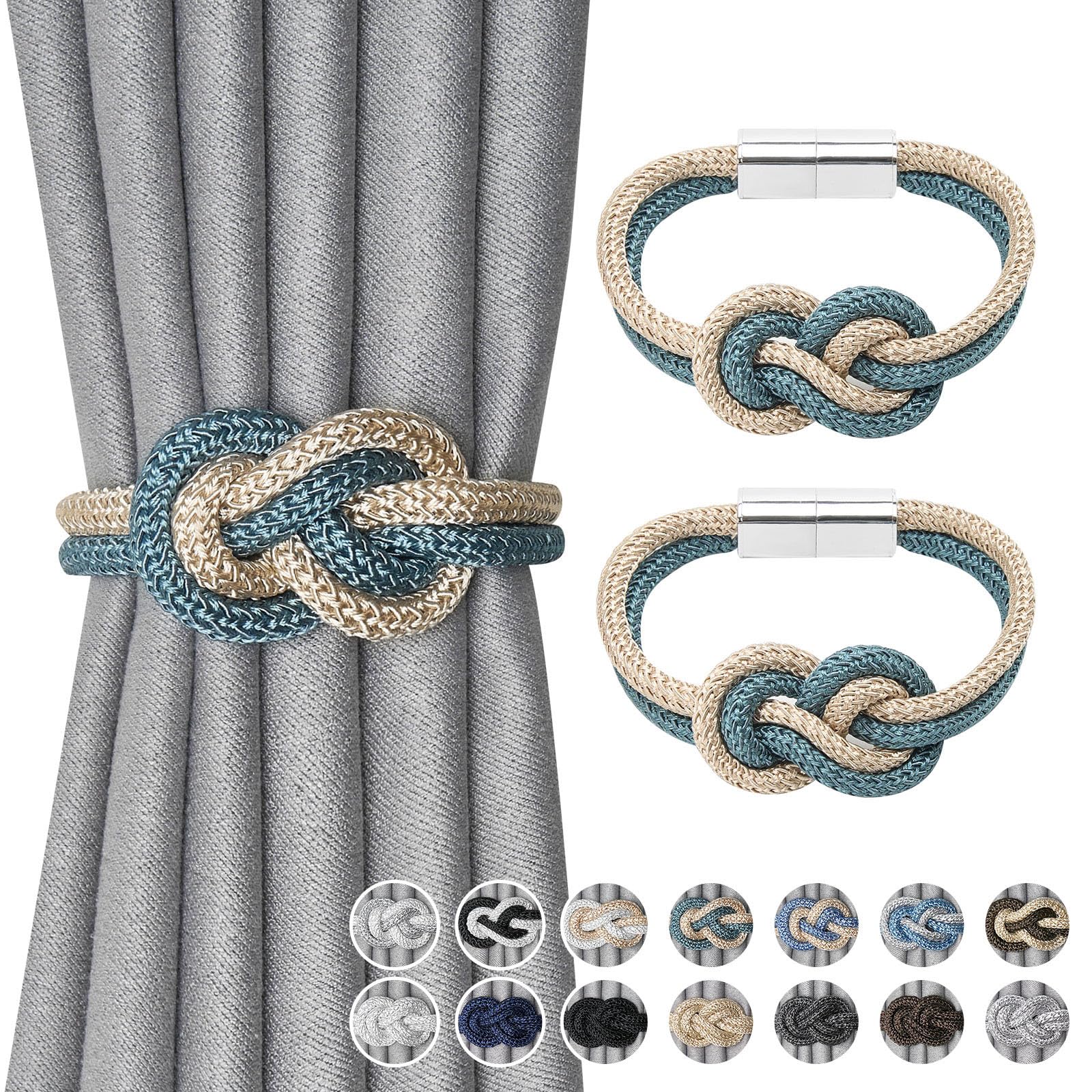 Pretty Jolly 2 Pack Mini Magnetic Curtain Tiebacks Nordic Simple Style Drape Tie Backs Elegant Hand Weave Rope Knot Decorative Curtain Holdbacks for Home & Office Window Drapery (Teal & Beige)