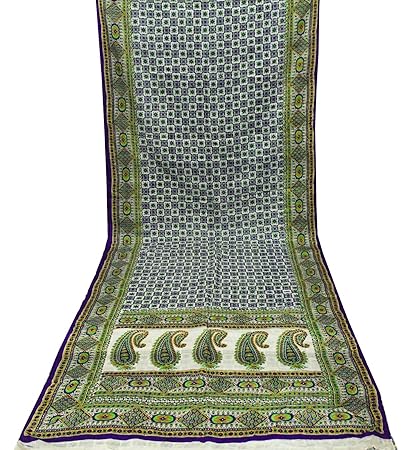 Amazon Com Indian Pure Silk Vintage Beige Sari Paisley Printed