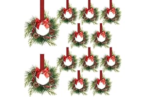 Zeyune 12 Pcs Small Christmas Wreaths for Kitchen Cabinet with Plaid Bow Ribbon Hanging Mini Christmas Cabinet Door Wreaths Decor for Kitchen Window Outdoor Indoor Holiday, 14.96 x 7.87''
