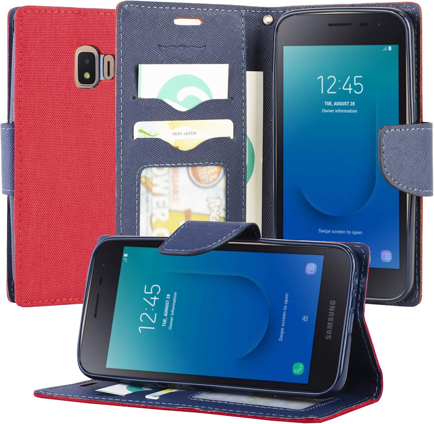 J2 Core Case for Samsung Galaxy J2 Core (SM-J260)/ J2 Dash/ J2 Pure 2018 PU Leather Canvas Fabric Credit Card Slot Pouch Holder Flip Folio Stand Wallet Cover + Wrist Strap & Free Emoji! (Red/Navy)