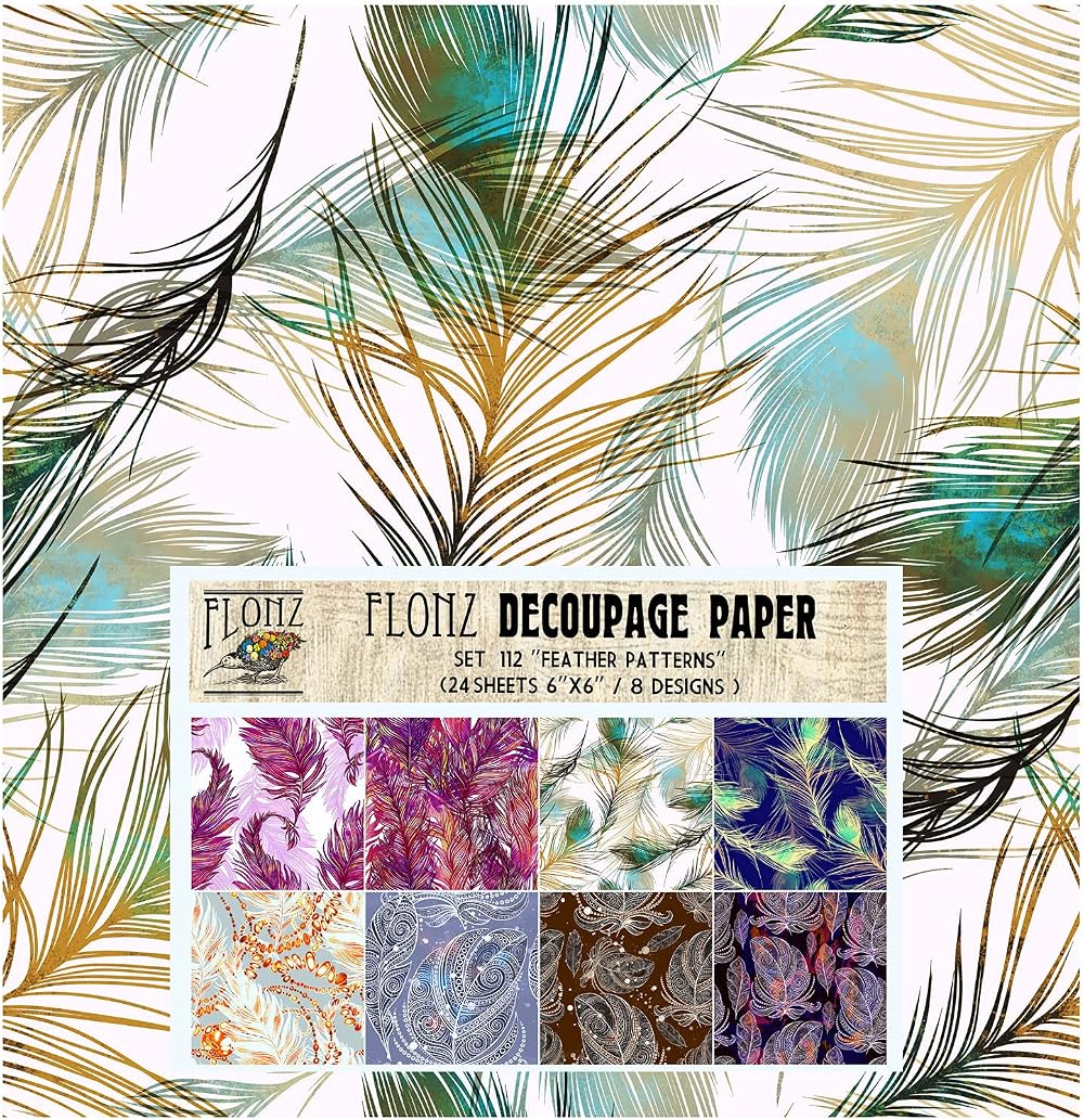 Flonz Decoupage Paper Pack 24 Sheets 6"x6" Peacock Feathers Vintage