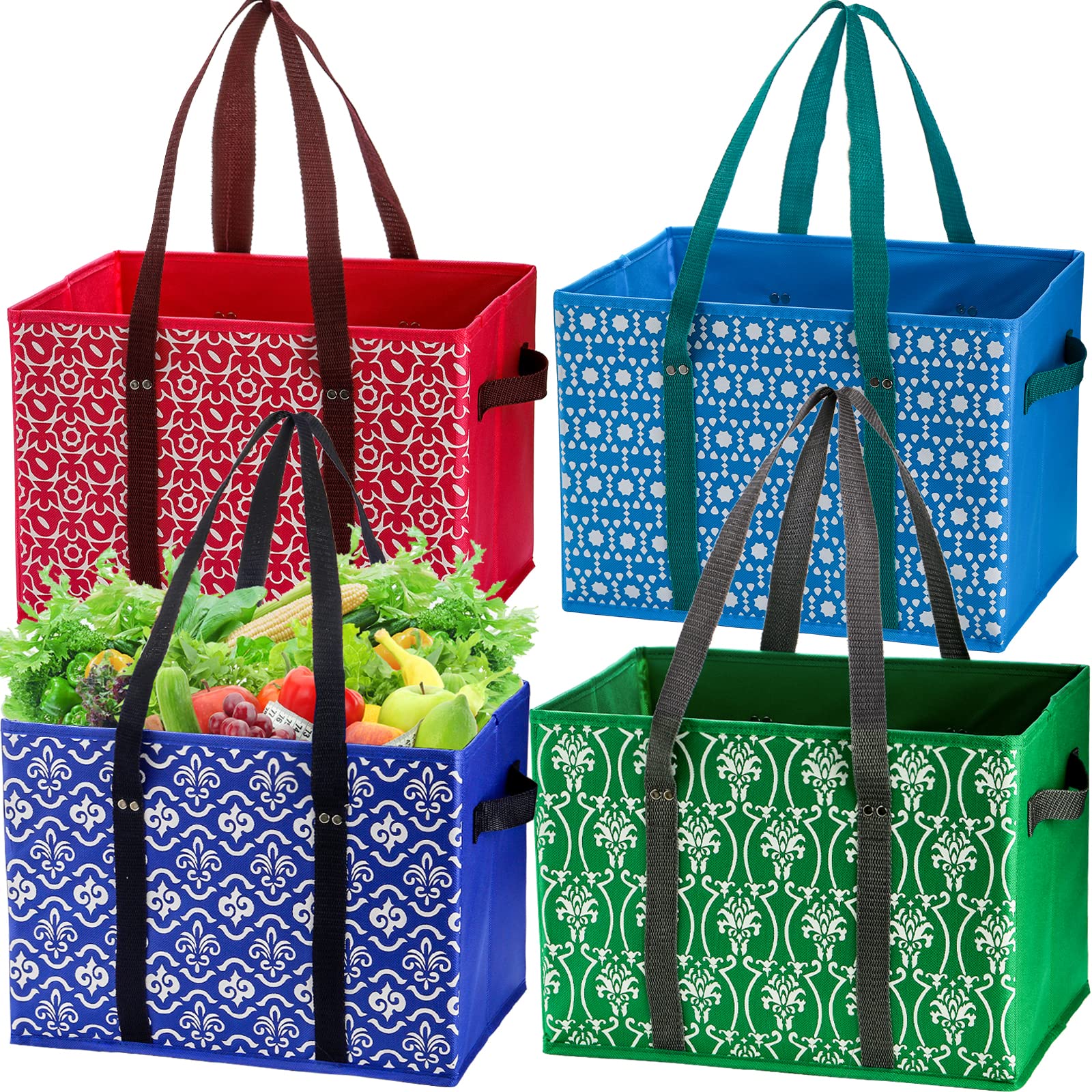 WUWEOT 4 Pack Reusable Grocery Bags, Large Shopping Box Tote, Foldable Washable Box Bag with Reinforced Bottom Heavy Duty Handles for Fruit Vegetable Clothes Toys and Picnic
