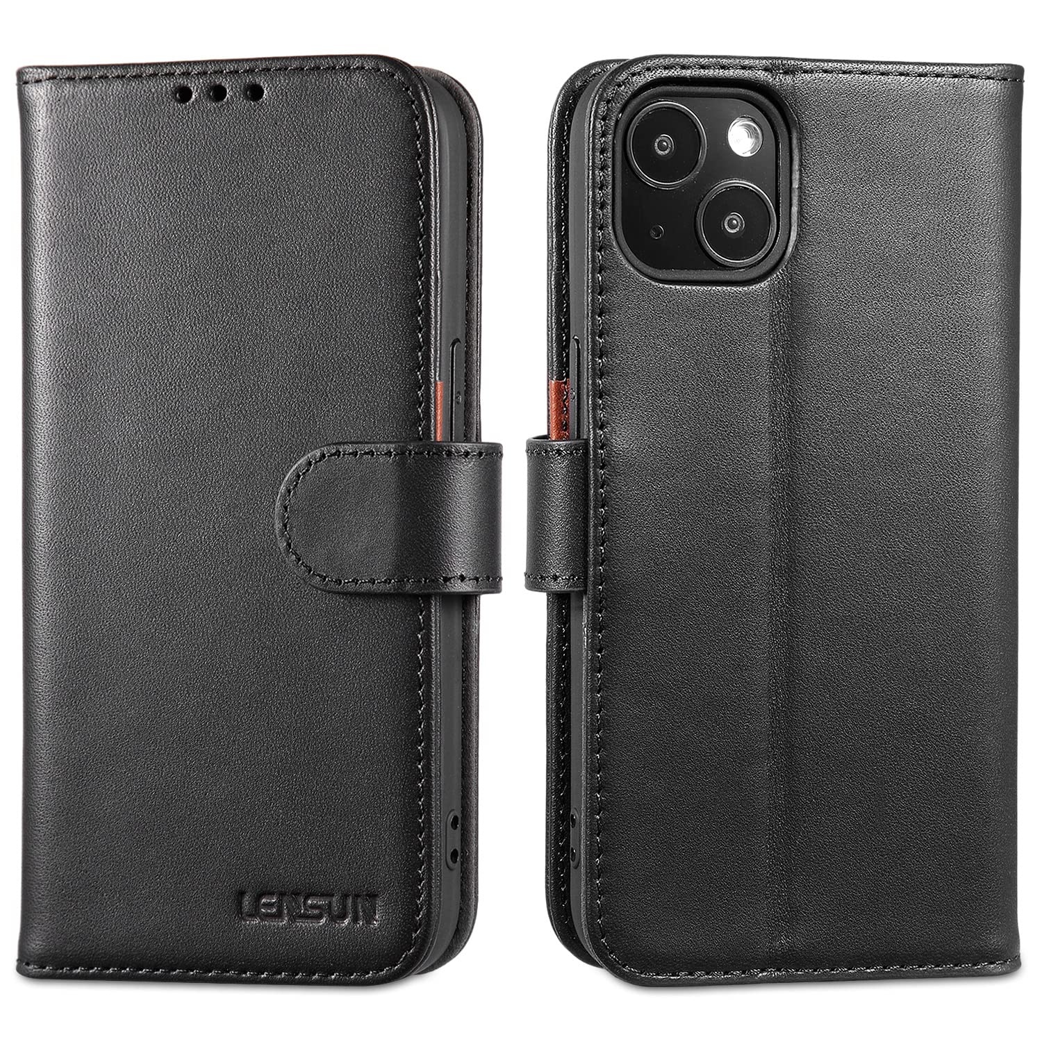 LENSUN Case for iPhone 13, Genuine Leather Wallet Flip Phone Cover [RFID Blocking] with Card Holder and Magnetic Closure Compatible with Apple iPhone 13 - Black