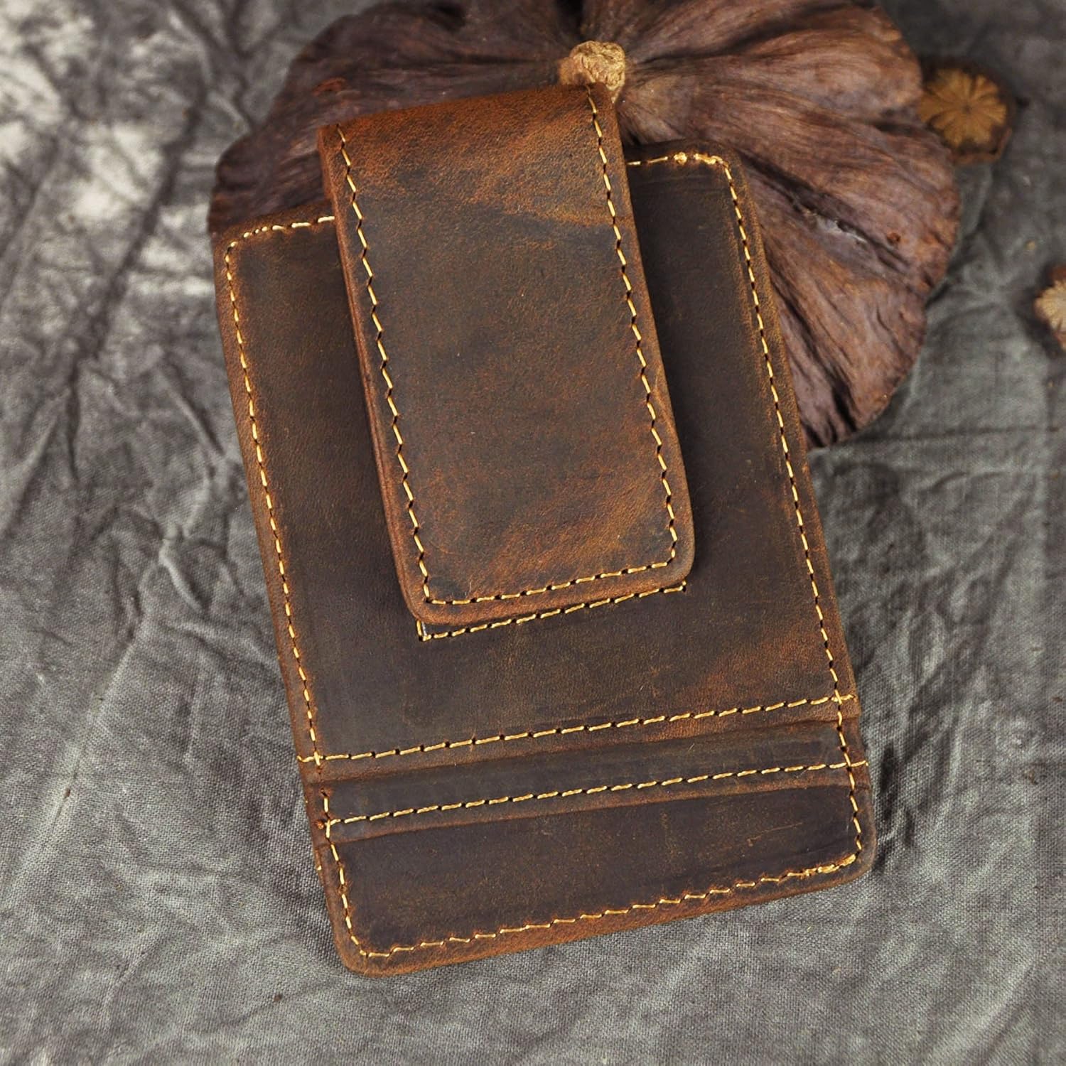 Le'aokuu Mens Genuine Leather Cowhide Magnet Money Clip Credit Case Case Holder Slim Wallet 1058 (1058 A-Dark Brown) - Image 3