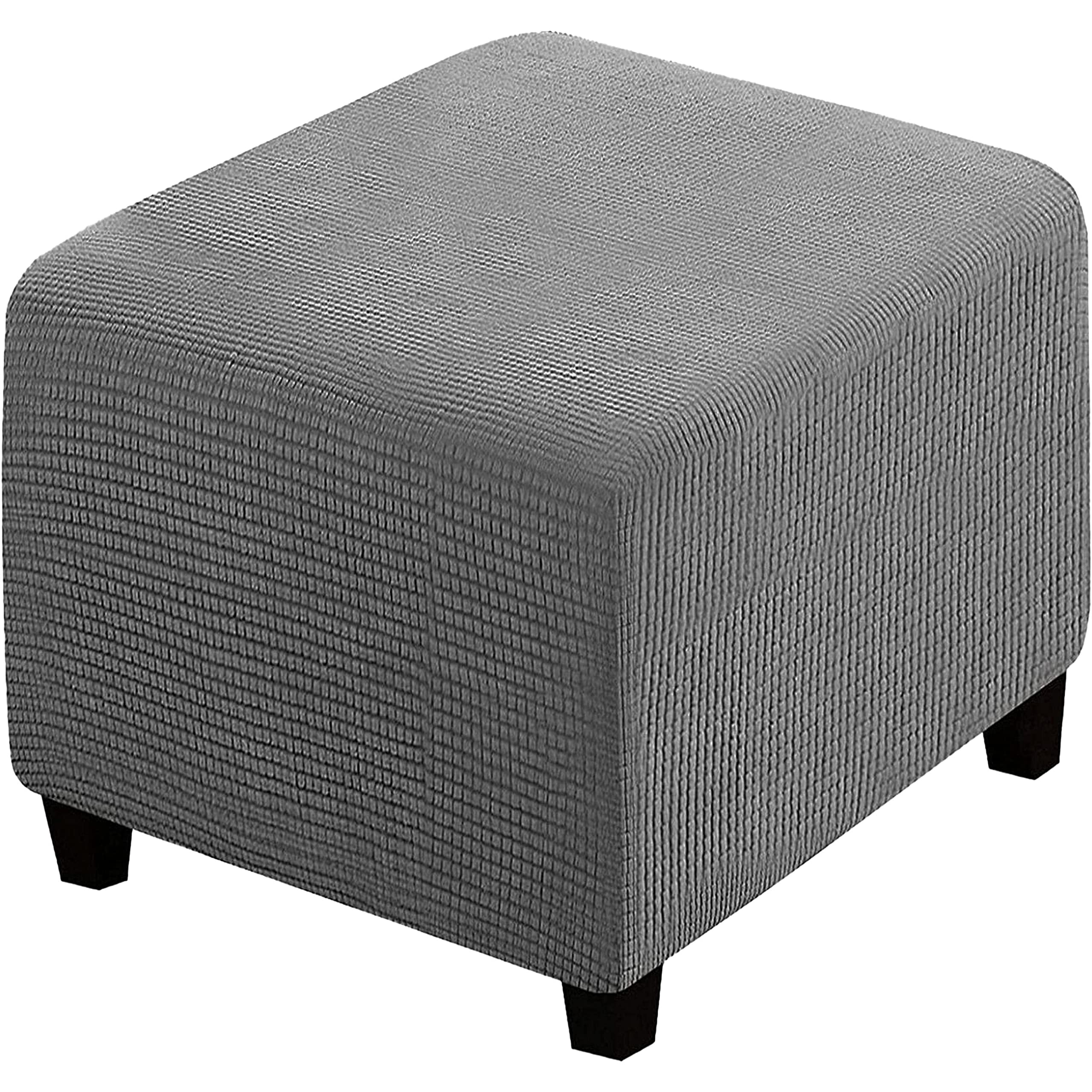 qiden Square Footstool Cover Jacquard Plush Thicker Large Stretch Pouffe Cover Anti-Slip Ottoman Slipcovers With Elastic Bottom, Machine Washable-light grey-Small