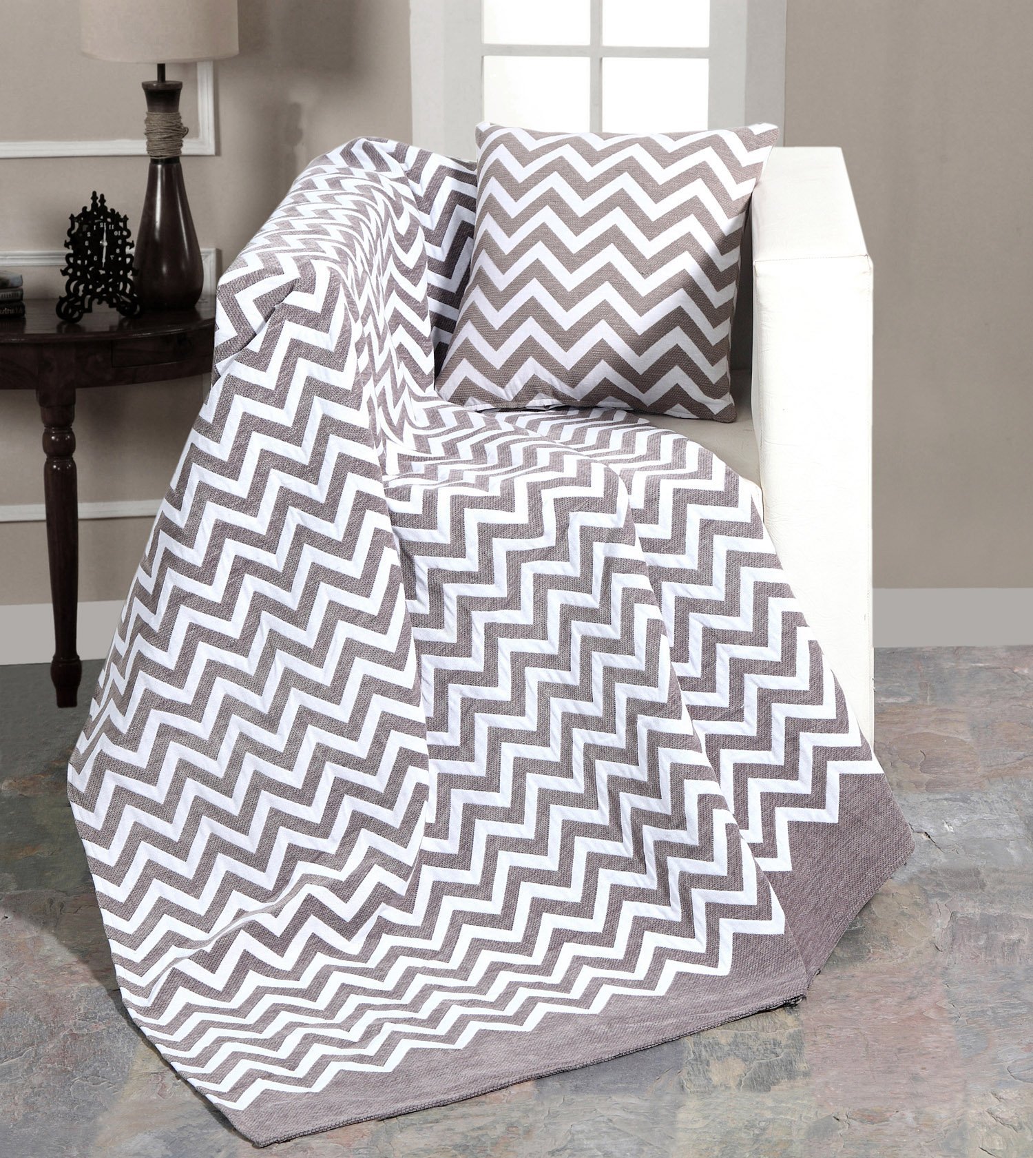 EHC Luxury Chenille Chevron Sofa Throw Arm Chair Covers Single Blanket, 130x 170cms - Grey/White