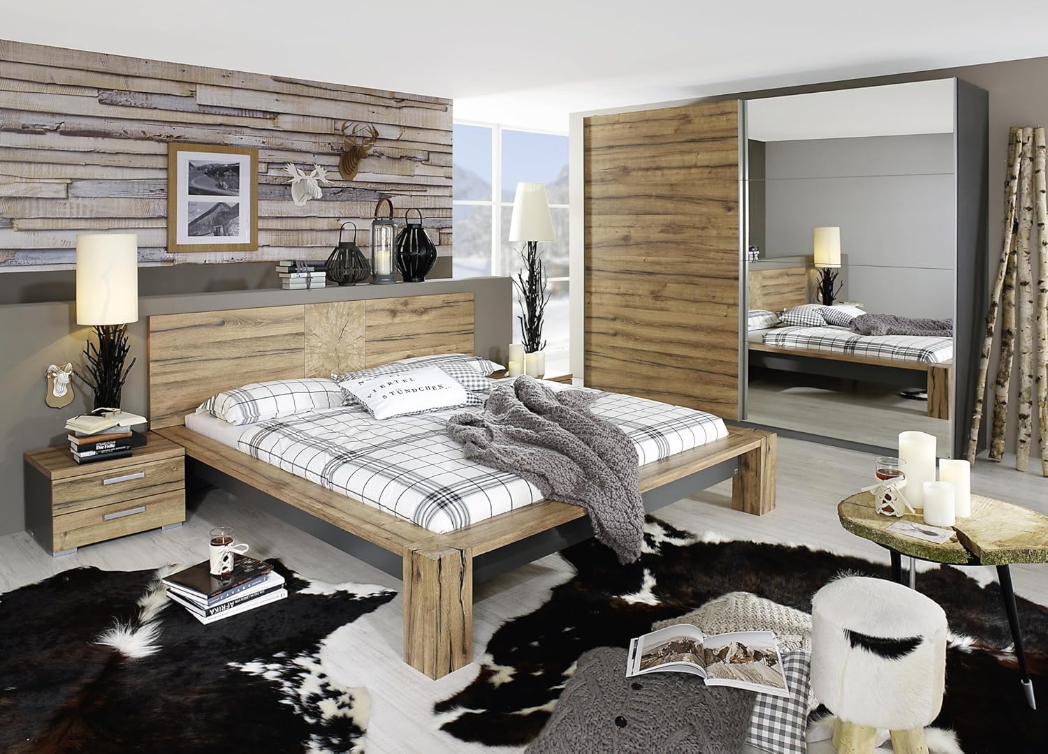 Schlafzimmer mit Bett 180 x 200 cm graphit/ Wildeiche Woody 127-00063