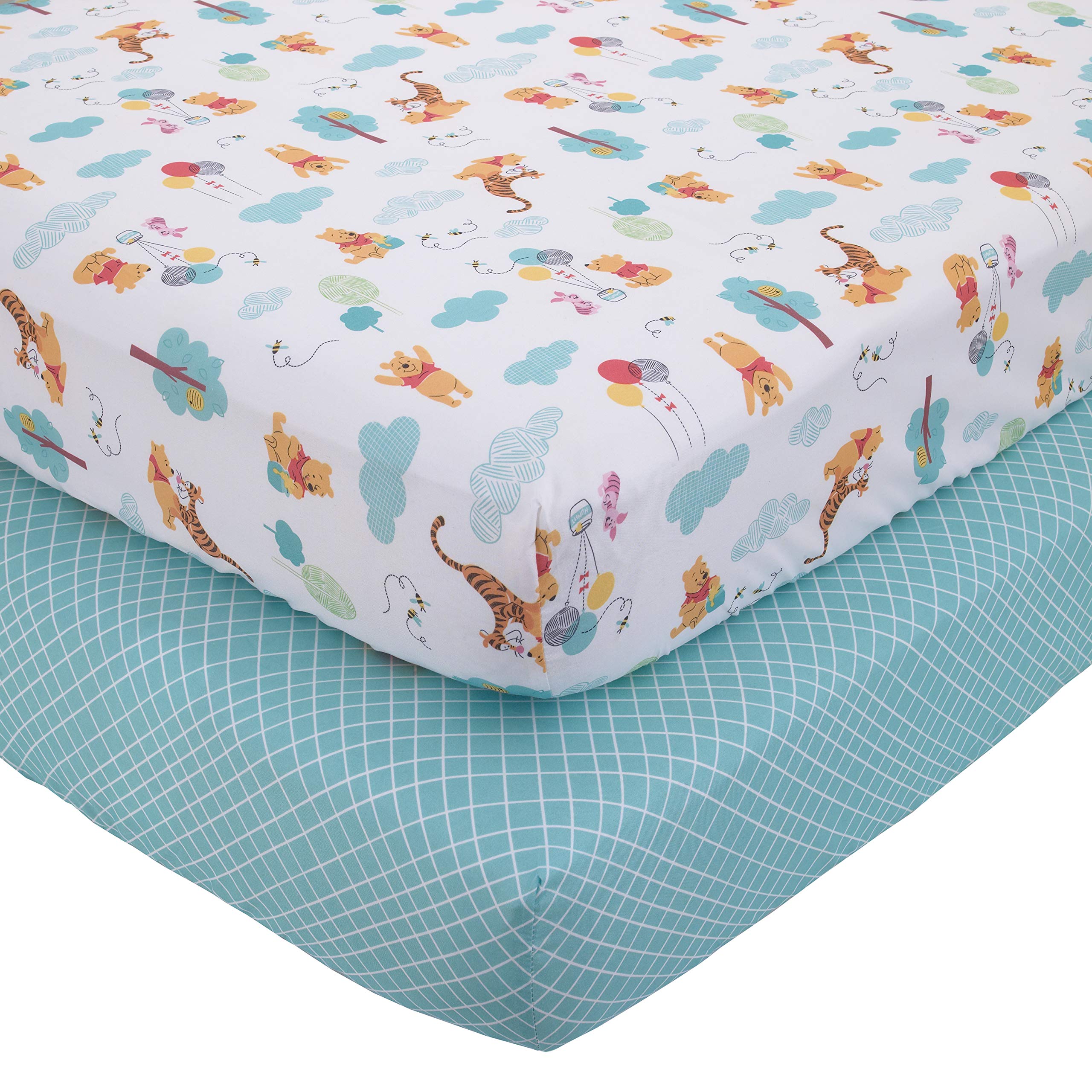 Disney Winnie the Pooh First Best Friends 2 Piece Fitted Crib Sheets, Aqua/Yellow/Gold