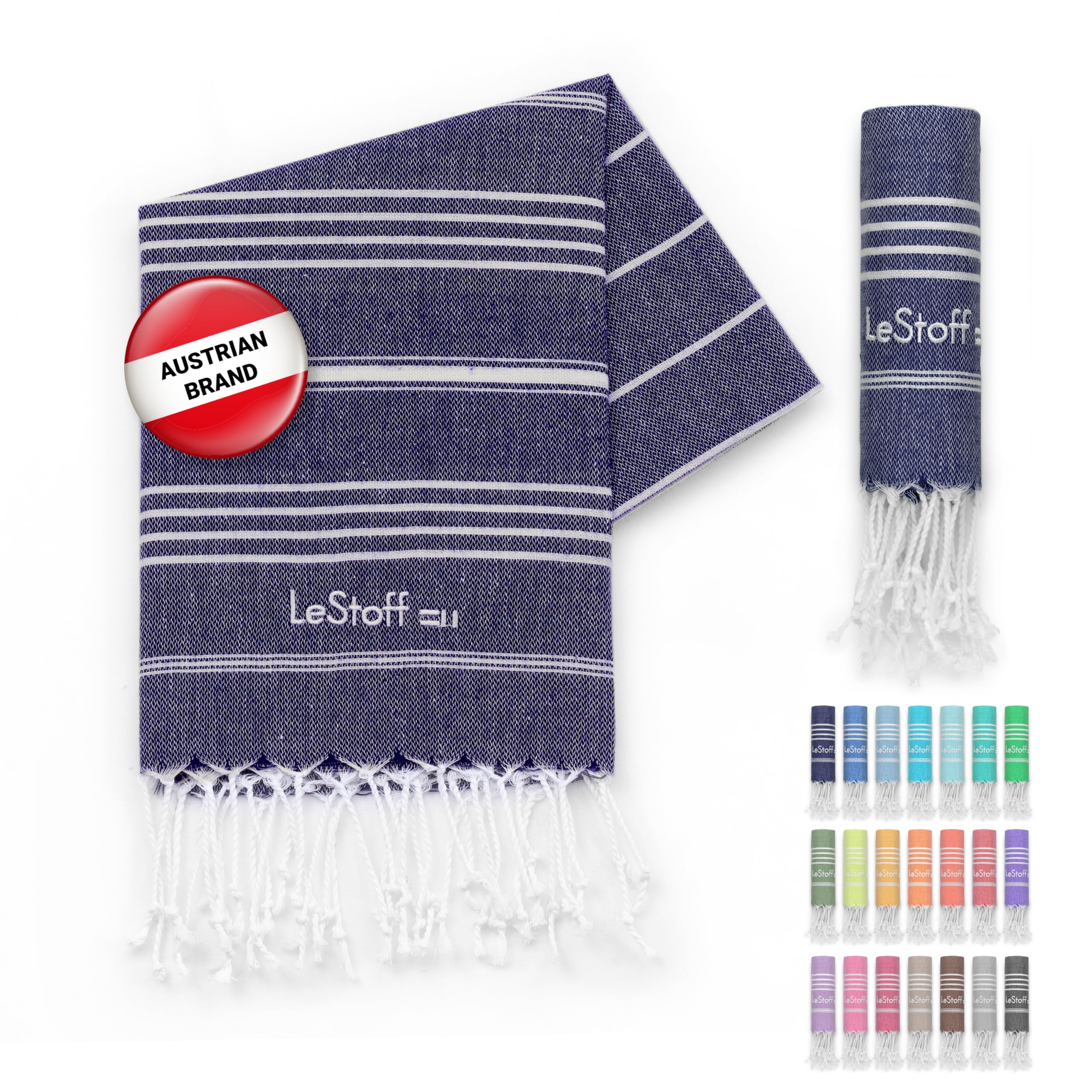 LeStoff Premium Hammam Towel - 100% Organic Cotton - Pre-washed Sustainable Absorbent & Quick-drying - Beach, Bath, Shower, Yoga, Spa & Travel Towel (50 x 100 cm, Navy)