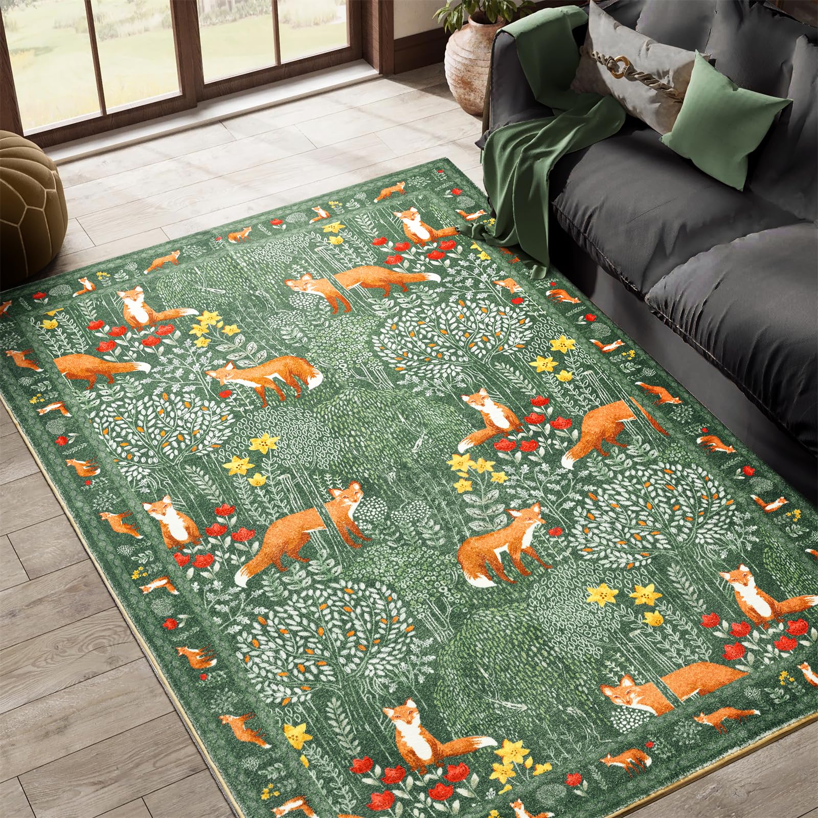 Photo 1 of ***FACTORY SEALED***Green Botanical Living Room Rug, Ultra Thin Boho Vintage Floral Indoor 8x10 Area Rug Washable, Summer Tropical Woodland Plants Animals Rug Accent Carpet for Dining Room Nursery Entryway Dorm Bedroom