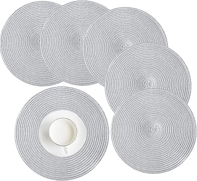 HEYOMART Round Placemats Set of 6 38cm Silver Woven Placemats Christmas